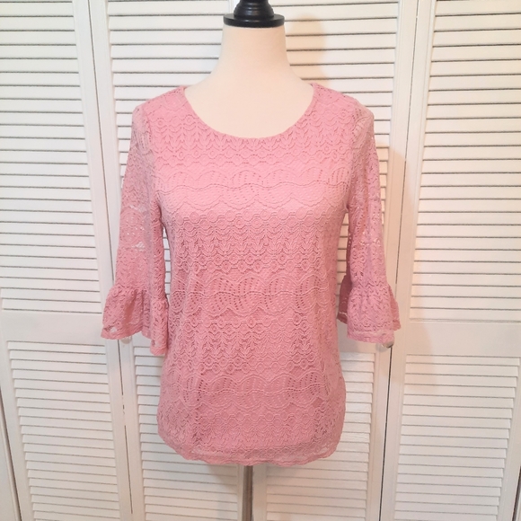 Adrianna papell pink lace bell sleeve top blouse sz small *F - Picture 2 of 8